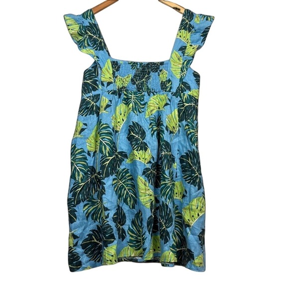 Draper James Women Linen MiniDress Blue Monstera XXL Babydoll Square Neck Y2K - Picture 2 of 10